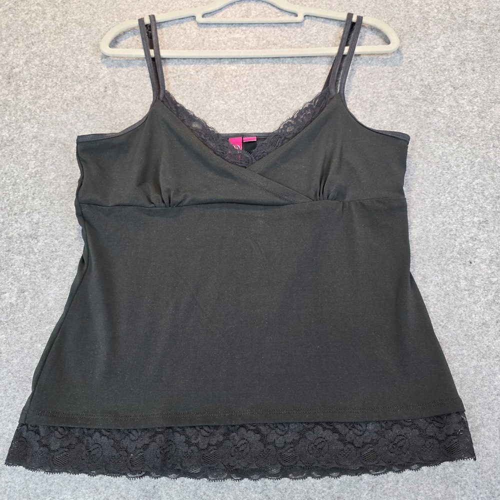 So Camisole Top Womens Large Black Stretch Spaghetti Straps Lace Trim V Neck